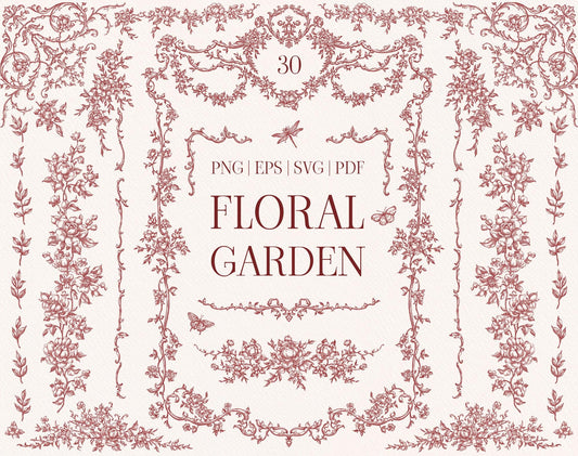Floral Garden cover showing burgundy engraved floral borders and frames surrounding the collection title.