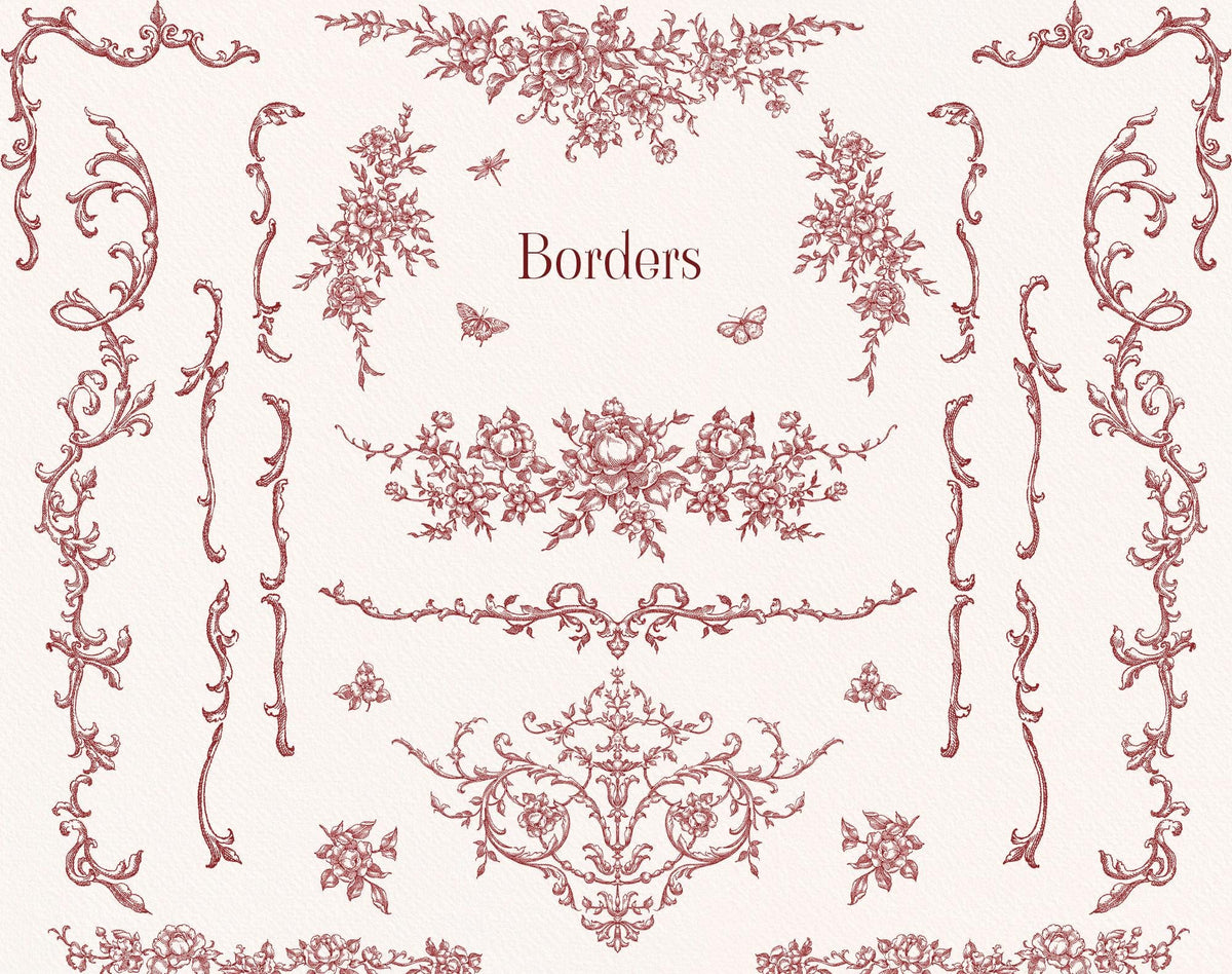 Floral Garden border elements sheet with burgundy botanical swags, vertical borders, and rococo ornaments.