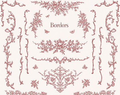 Floral Garden border elements sheet with burgundy botanical swags, vertical borders, and rococo ornaments.