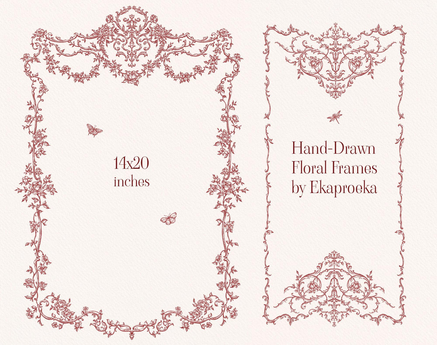 Two hand-drawn burgundy floral frame designs, including a large rectangular frame.