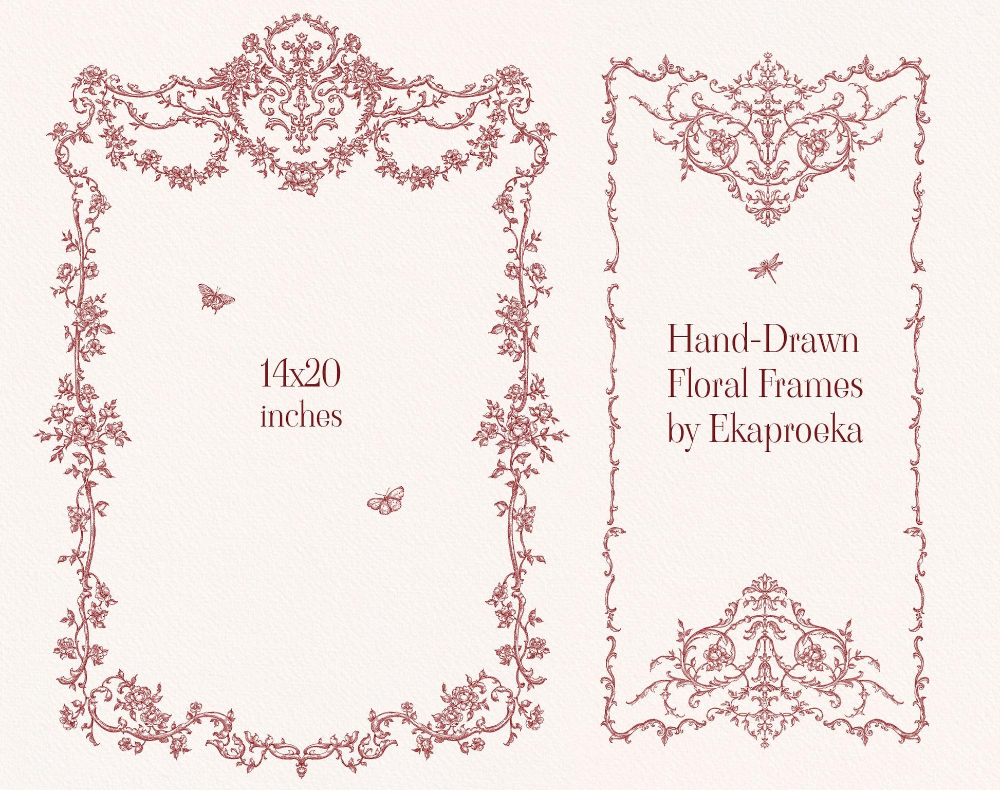Two hand-drawn burgundy floral frame designs, including a large rectangular frame.