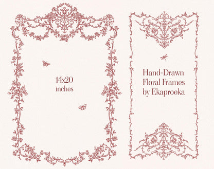 Two hand-drawn burgundy floral frame designs, including a large rectangular frame.