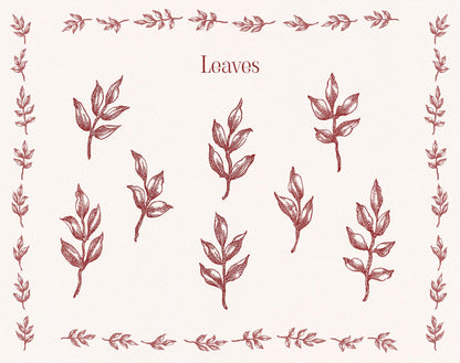 Burgundy hand-drawn leafy sprig illustrations arranged within a delicate botanical border.