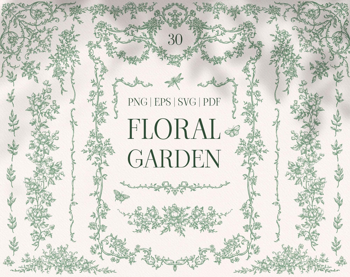 Floral Garden clipart collection cover with green botanical borders, floral garlands, and hand-drawn ornamental details.