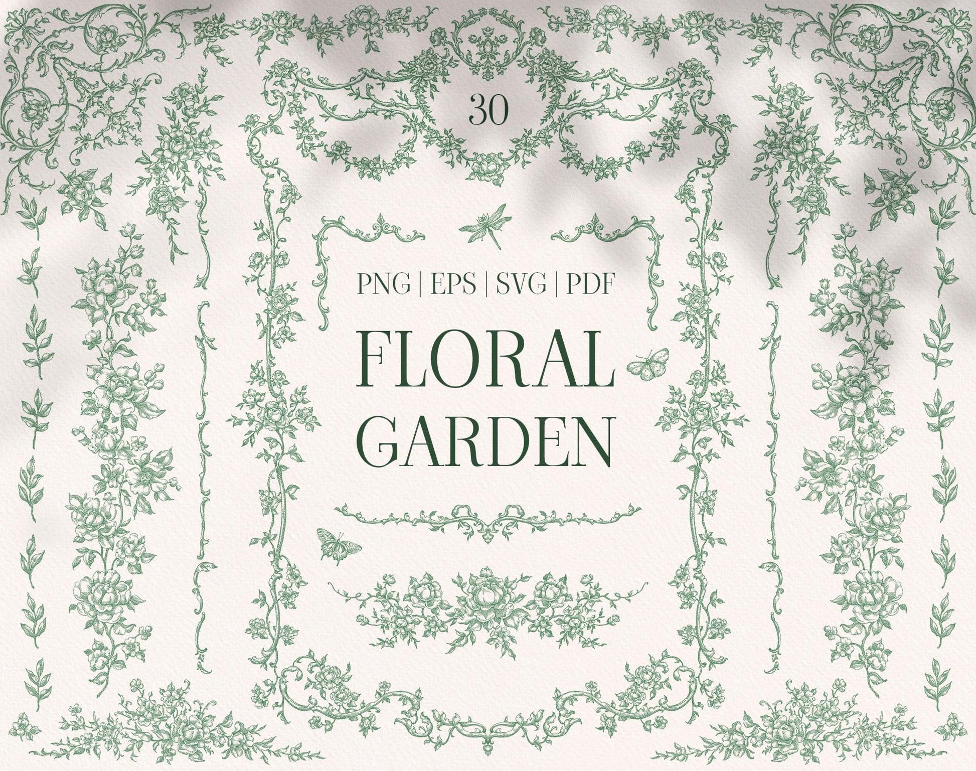 Floral Garden clipart collection cover with green botanical borders, floral garlands, and hand-drawn ornamental details.