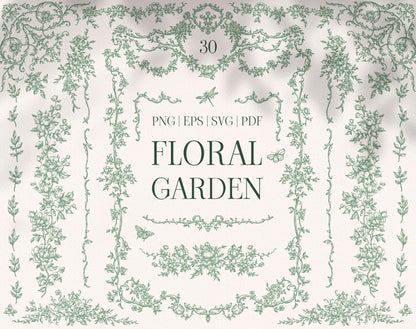 Floral Garden clipart collection cover with green botanical borders, floral garlands, and hand-drawn ornamental details.