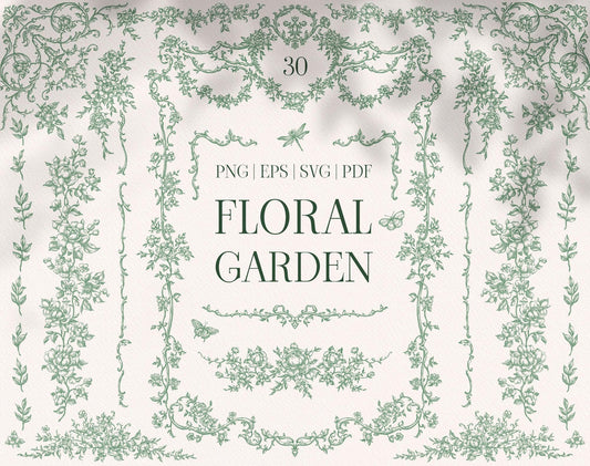 Floral Garden clipart collection cover with green botanical borders, floral garlands, and hand-drawn ornamental details.