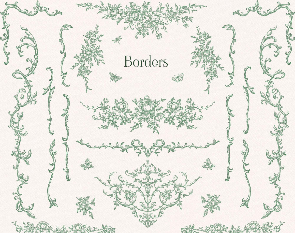 Green hand-drawn botanical border and rococo ornament elements arranged around the word Borders.