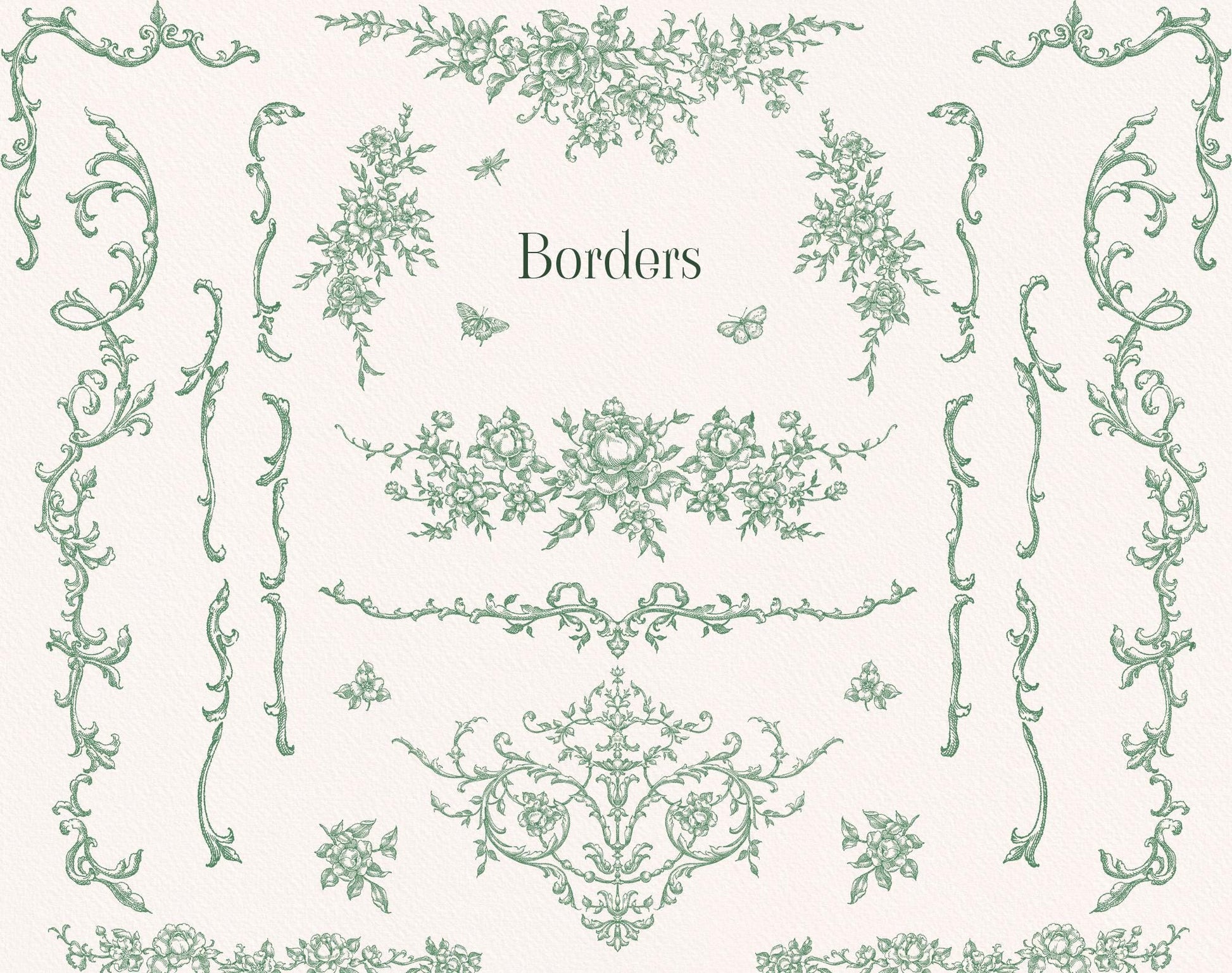Green hand-drawn botanical border and rococo ornament elements arranged around the word Borders.