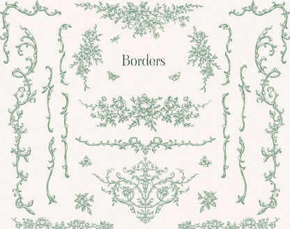 Green hand-drawn botanical border and rococo ornament elements arranged around the word Borders.