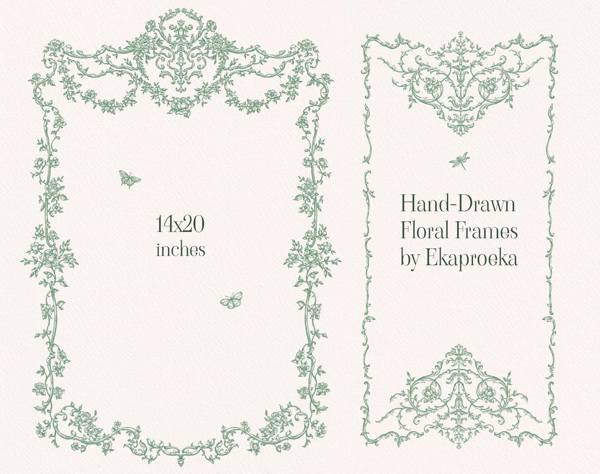 Two tall hand-drawn Floral Garden frames with green botanical and ornamental line art.
