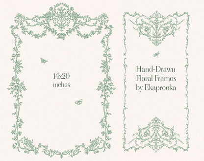 Two tall hand-drawn Floral Garden frames with green botanical and ornamental line art.