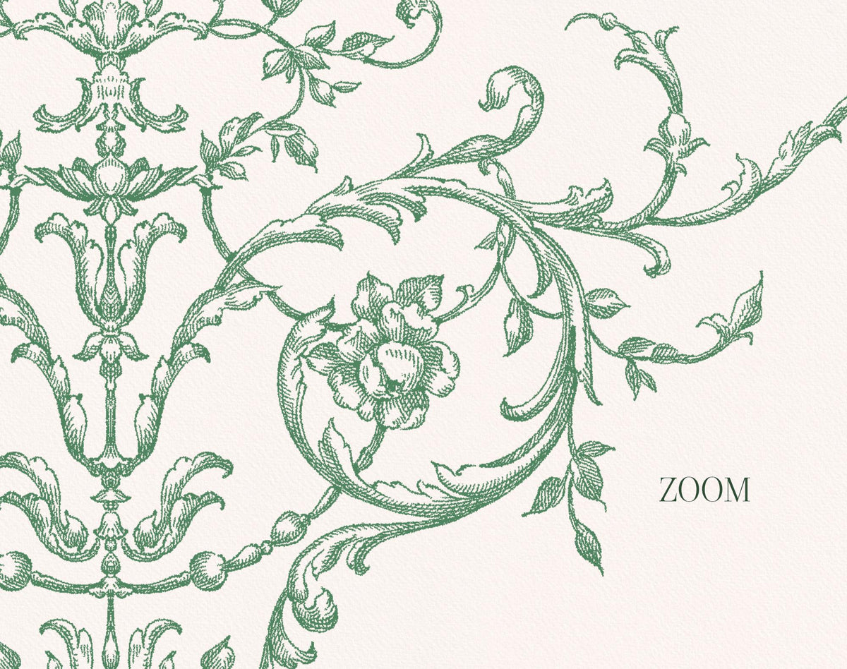Close-up of green engraved-style floral scrollwork and a flower from the Floral Garden collection.