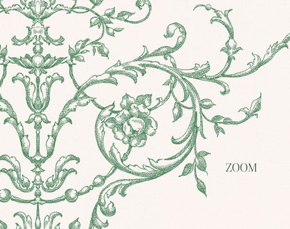 Close-up of green engraved-style floral scrollwork and a flower from the Floral Garden collection.