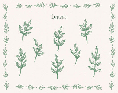 Green hand-drawn leaf sprigs and small botanical border elements from the Floral Garden clipart set.
