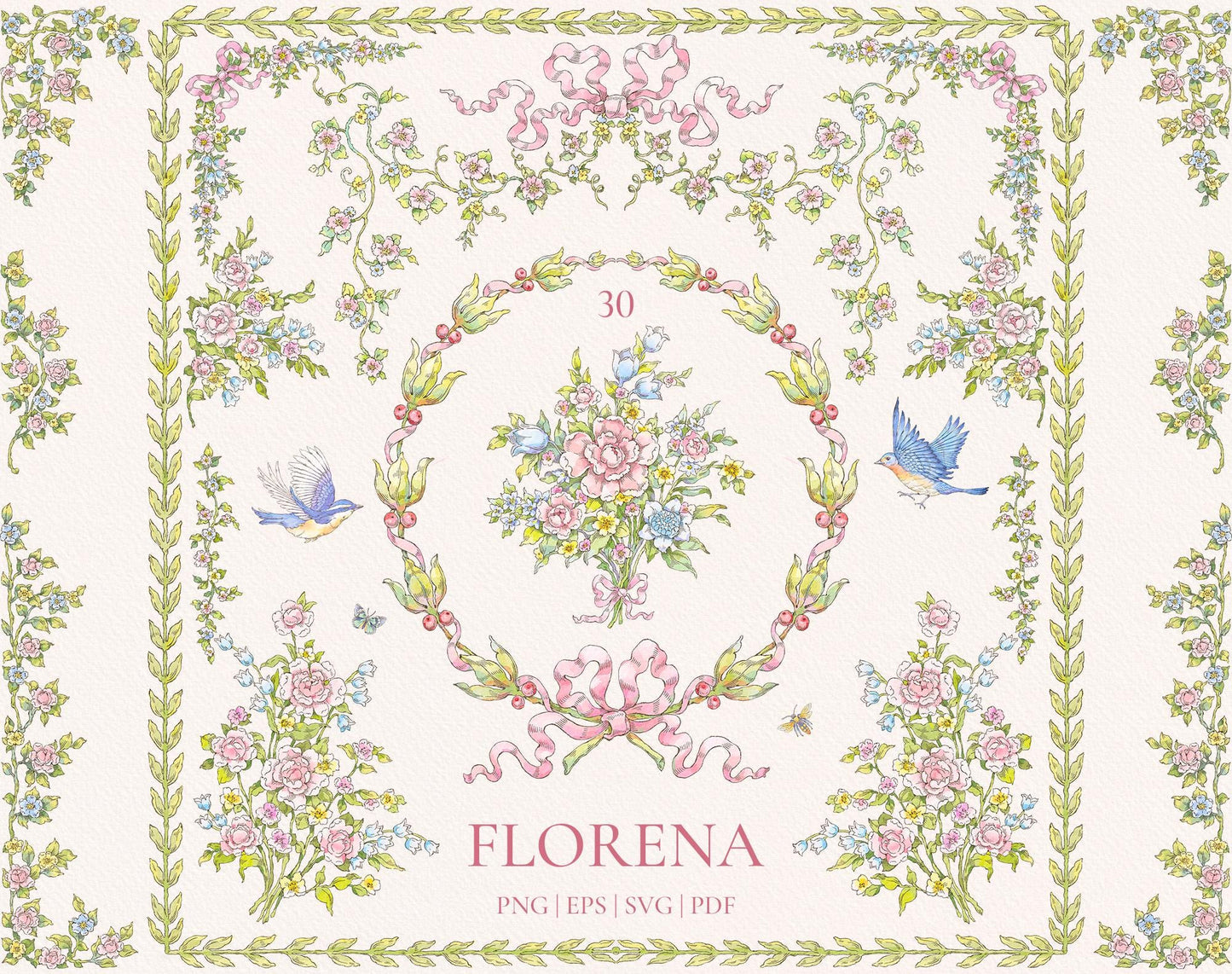 Florena watercolor floral clipart preview with botanical borders, a circular wreath, central bouquet, pink bows, and blue birds.