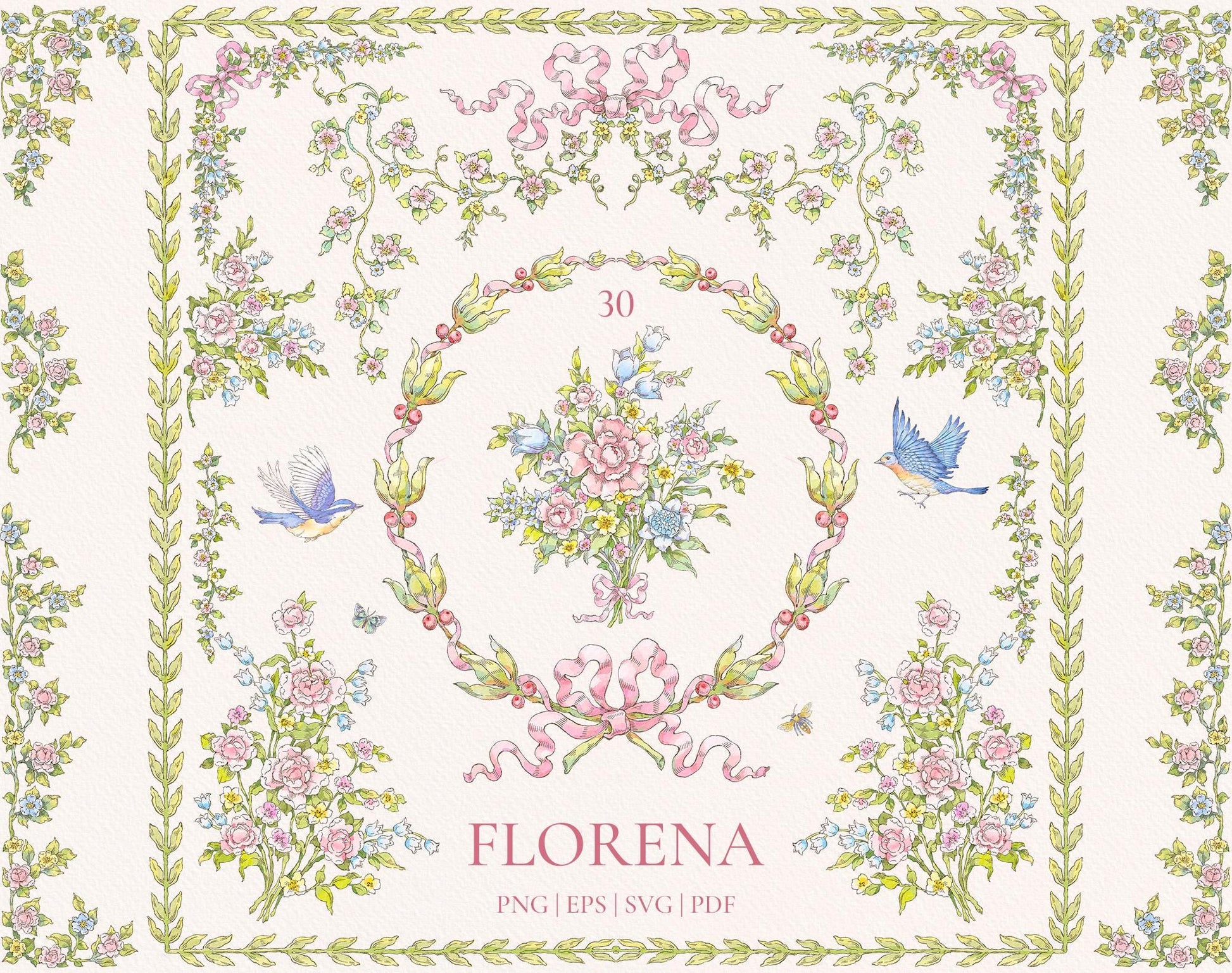 Florena watercolor floral clipart preview with botanical borders, a circular wreath, central bouquet, pink bows, and blue birds.