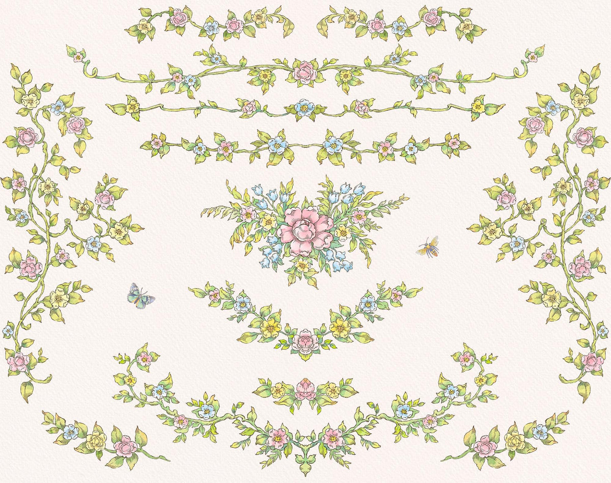 Florena watercolor floral border elements arranged around a central pink and blue flower bouquet.