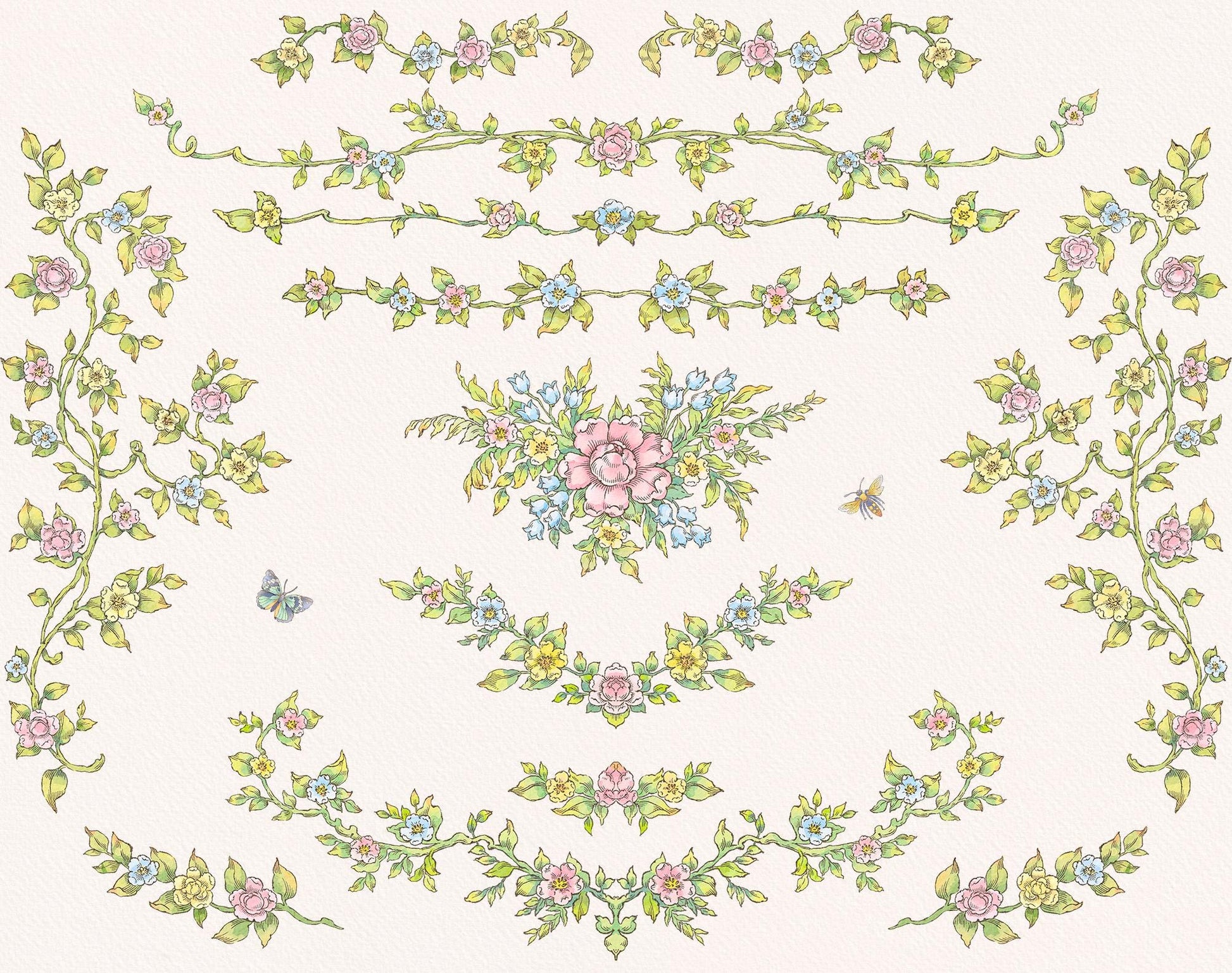 Florena watercolor floral border elements arranged around a central pink and blue flower bouquet.