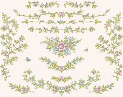 Florena watercolor floral border elements arranged around a central pink and blue flower bouquet.