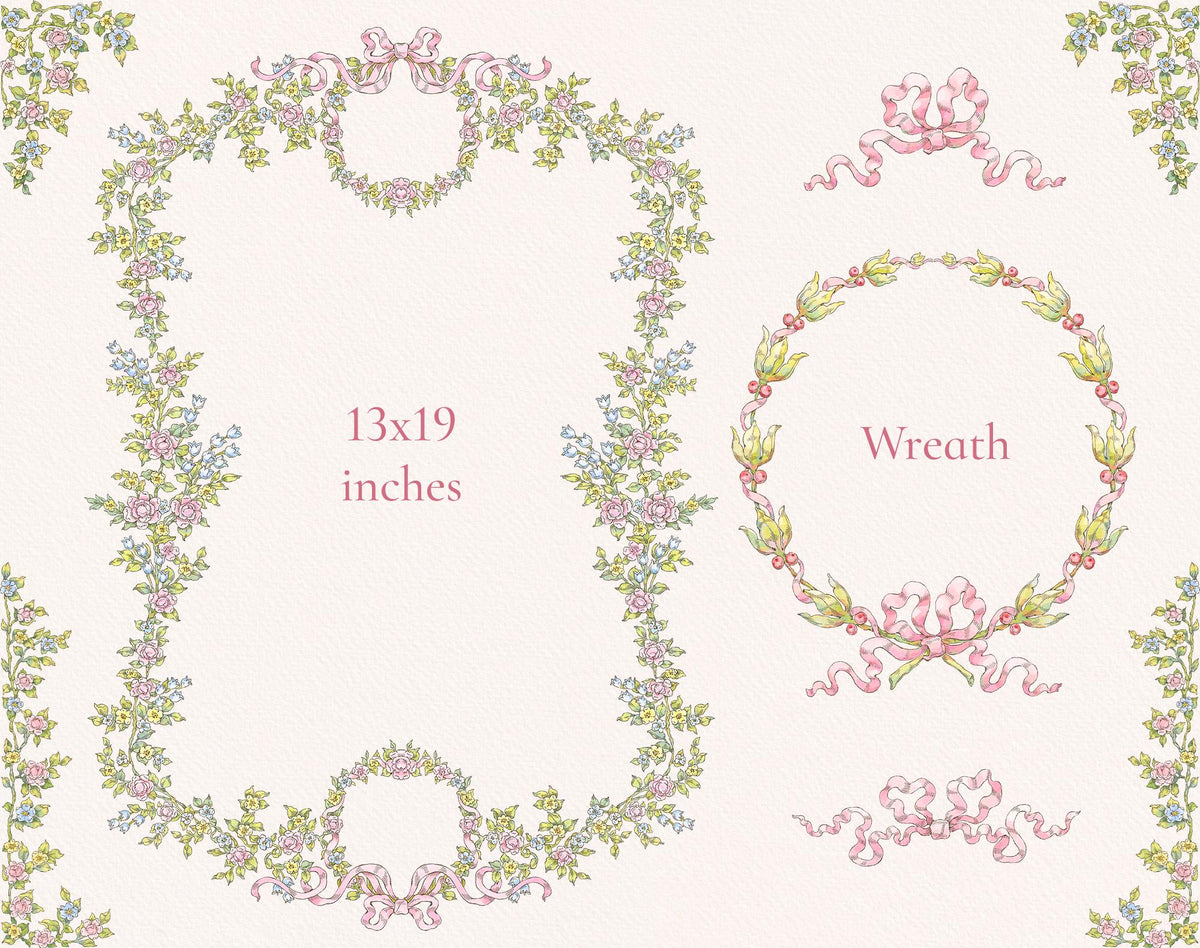 Florena floral clipart preview showing an ornate vertical frame, circular wreath, and pink ribbon bows.