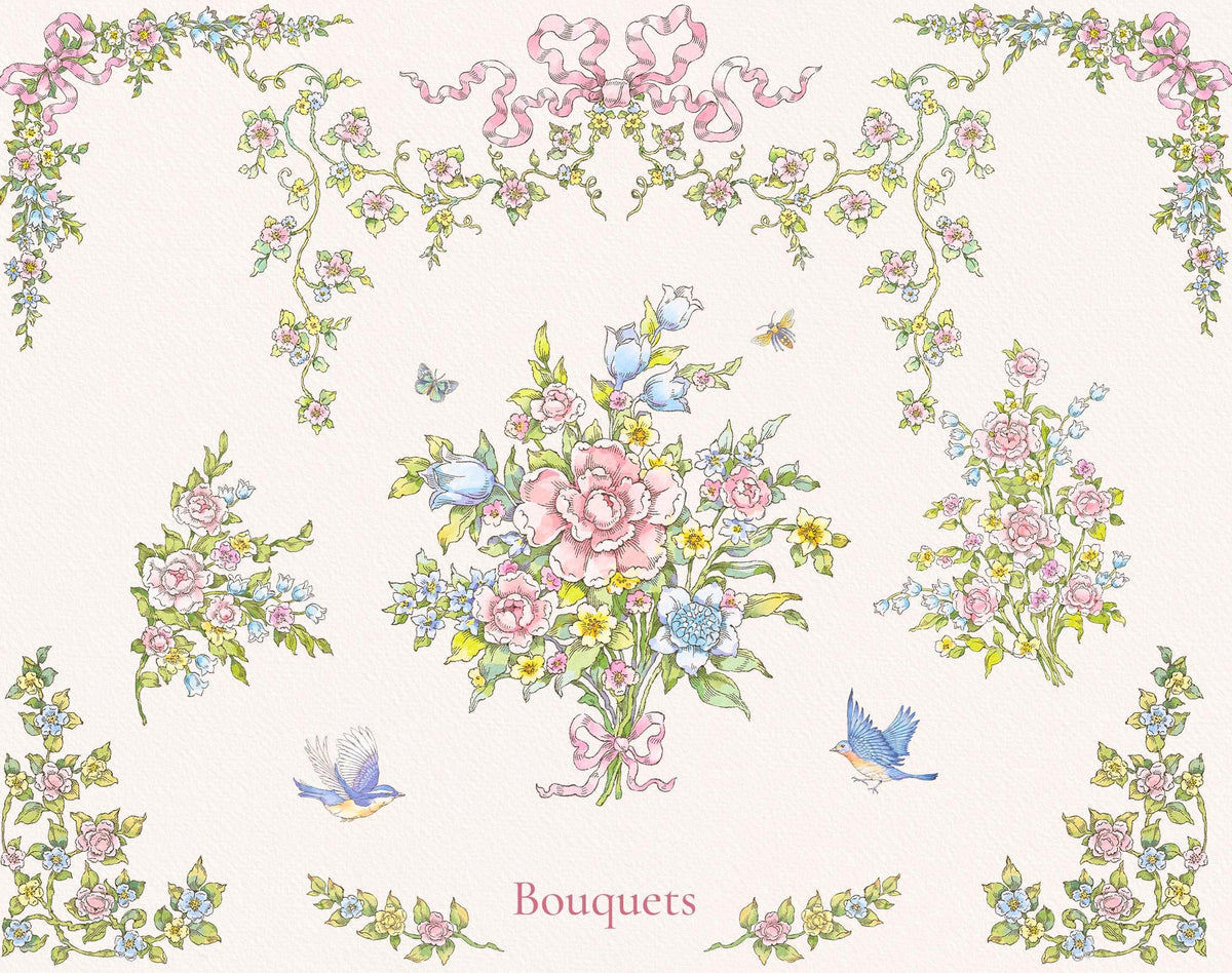 Florena bouquet clipart preview with pink rose arrangements, blue birds, floral garlands, and ribbon details.