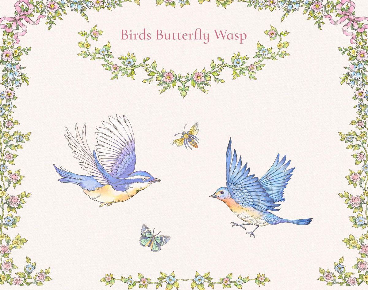 Florena bird clipart preview with two blue birds, a butterfly, a wasp, and floral border accents.