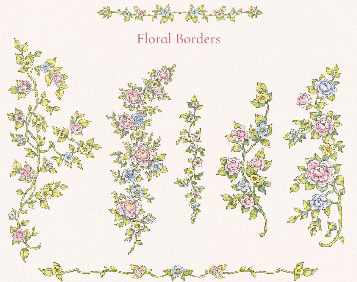 Florena watercolor floral borders preview with individual rose and blue flower vine elements.
