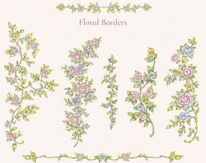 Florena watercolor floral borders preview with individual rose and blue flower vine elements.