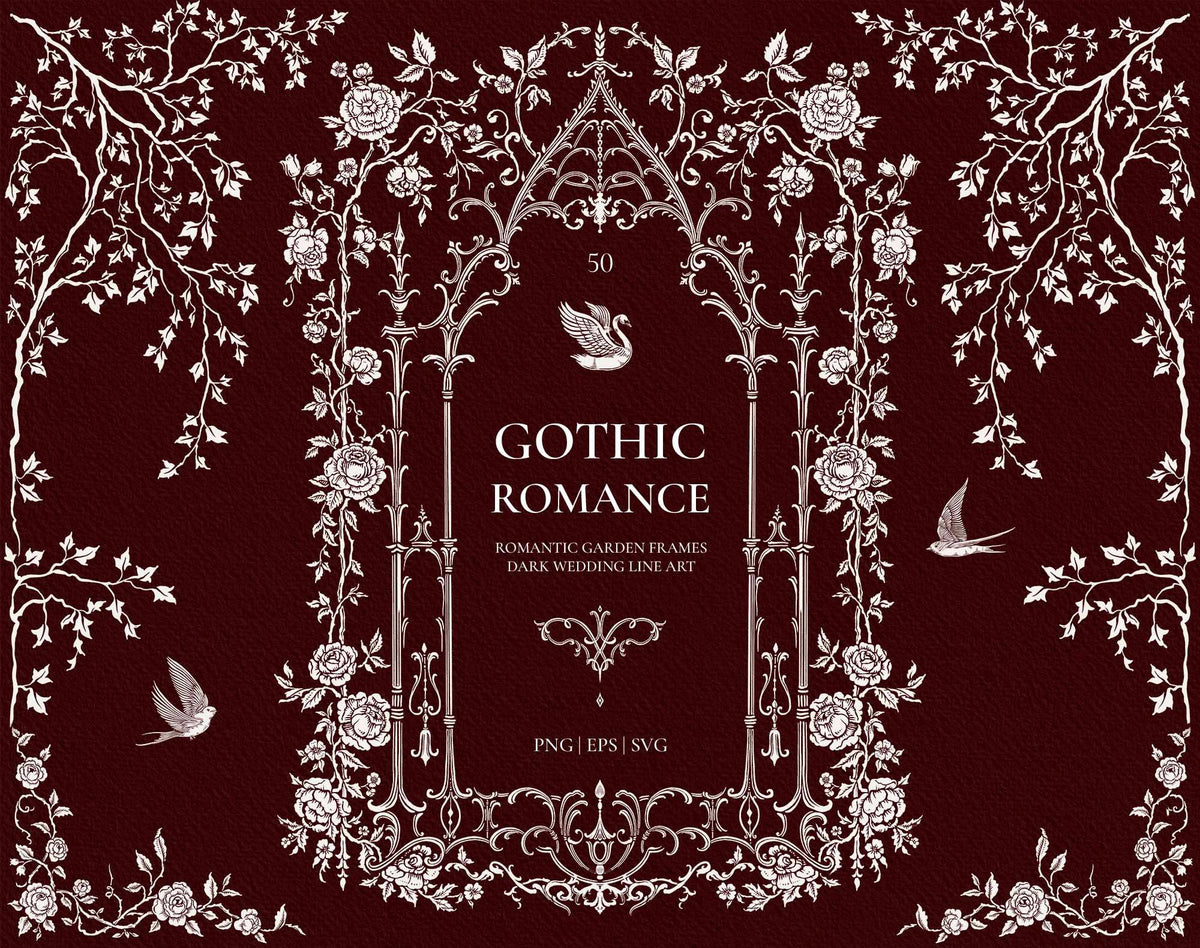 Gothic Romance collection cover with an ornate pointed Gothic arch, roses, trailing vines, swan, and swallow illustrations on a burgundy background.