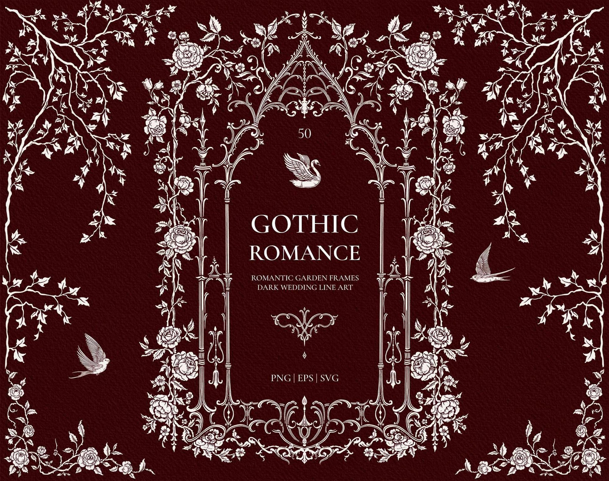 Gothic Romance collection cover with an ornate pointed Gothic arch, roses, trailing vines, swan, and swallow illustrations on a burgundy background.