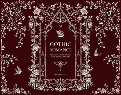 Gothic Romance collection cover with an ornate pointed Gothic arch, roses, trailing vines, swan, and swallow illustrations on a burgundy background.