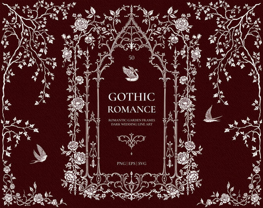 Gothic Romance collection cover with an ornate pointed Gothic arch, roses, trailing vines, swan, and swallow illustrations on a burgundy background.