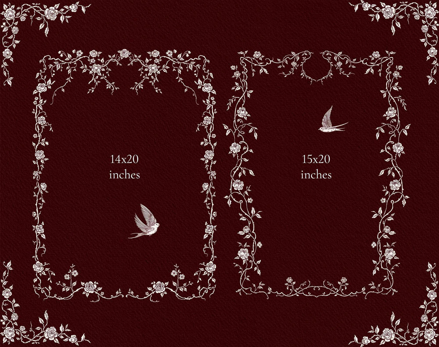 Two tall rectangular rose-and-vine Gothic Romance frames, shown with 14 x 20 and 15 x 20 inch layout sizes.