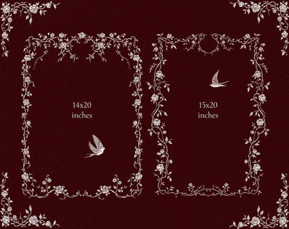 Two tall rectangular rose-and-vine Gothic Romance frames, shown with 14 x 20 and 15 x 20 inch layout sizes.