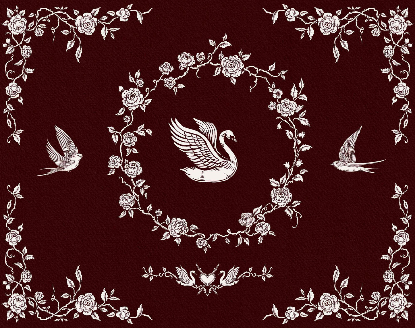 Oval rose wreath with a central swan, flanked by flying swallows and surrounded by floral corner borders.