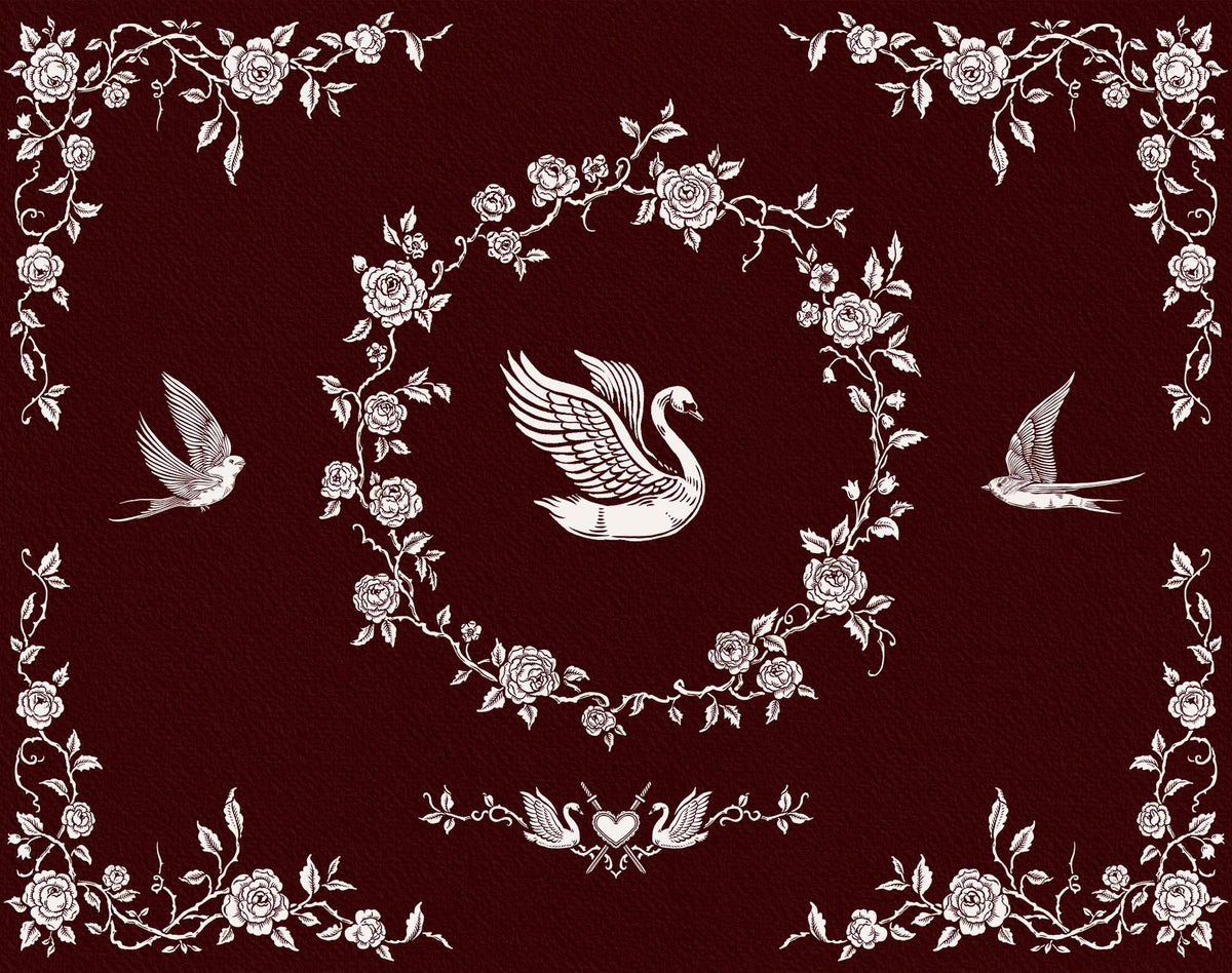 Oval rose wreath with a central swan, flanked by flying swallows and surrounded by floral corner borders.