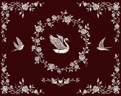 Oval rose wreath with a central swan, flanked by flying swallows and surrounded by floral corner borders.