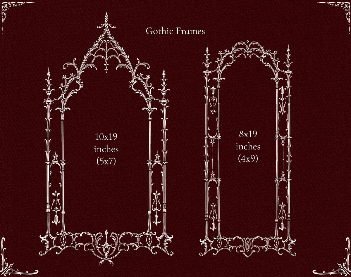 Two pointed Gothic arch frames with elaborate architectural ornament and floral details.