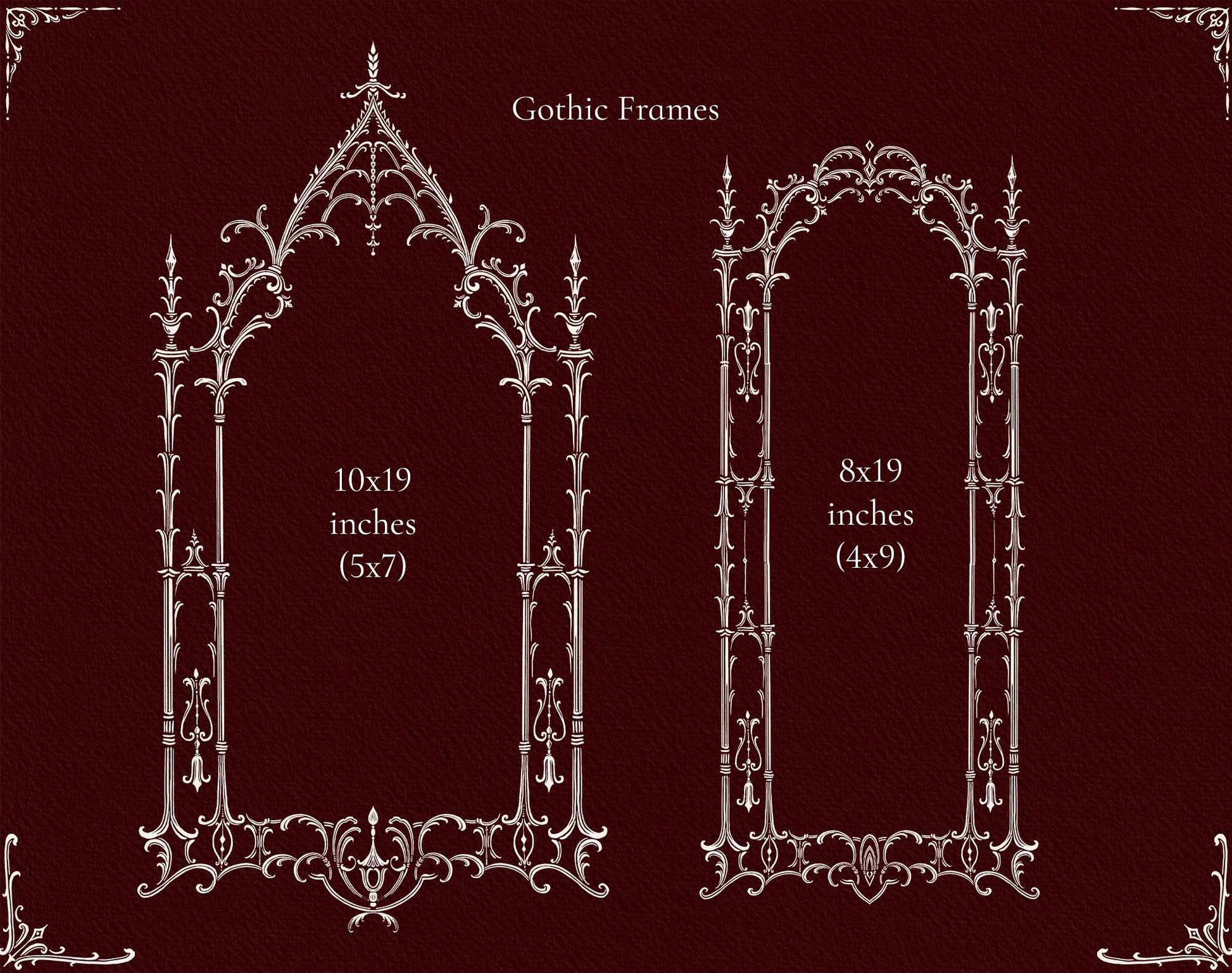 Two pointed Gothic arch frames with elaborate architectural ornament and floral details.