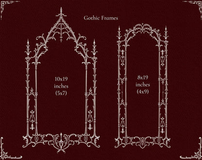 Two pointed Gothic arch frames with elaborate architectural ornament and floral details.