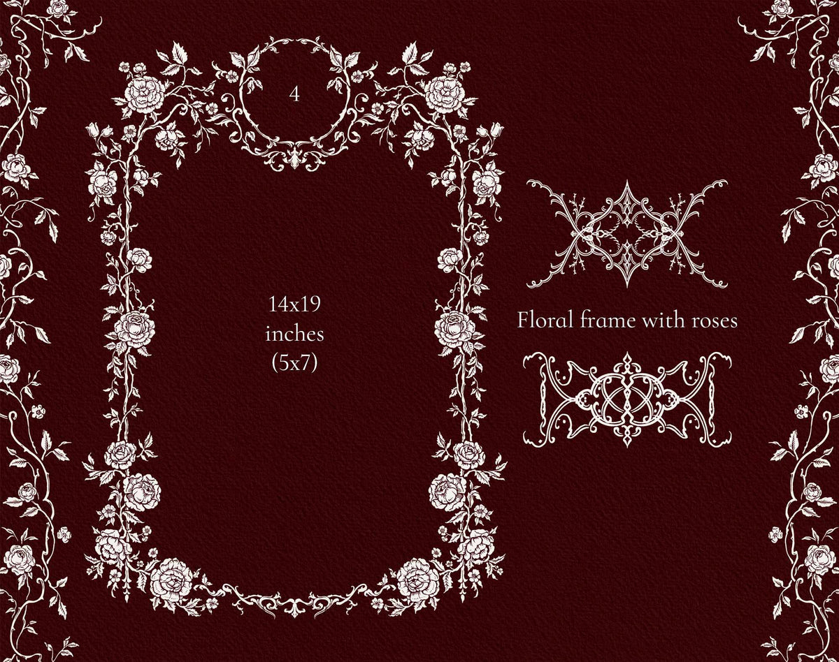 Rose-bordered rectangular frame, circular floral crest, and ornamental rose frame elements from the Gothic Romance collection.