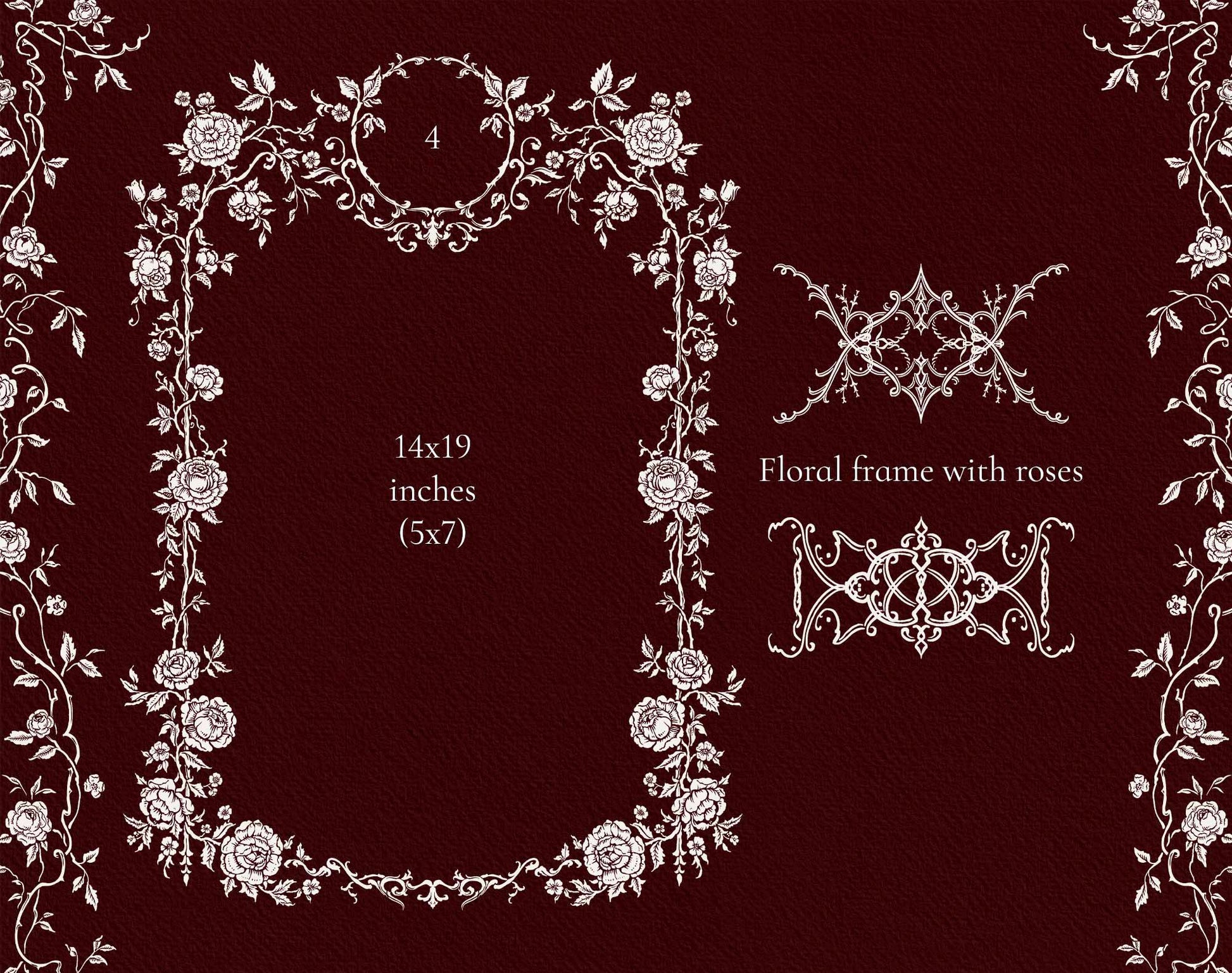 Rose-bordered rectangular frame, circular floral crest, and ornamental rose frame elements from the Gothic Romance collection.