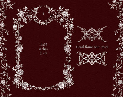 Rose-bordered rectangular frame, circular floral crest, and ornamental rose frame elements from the Gothic Romance collection.
