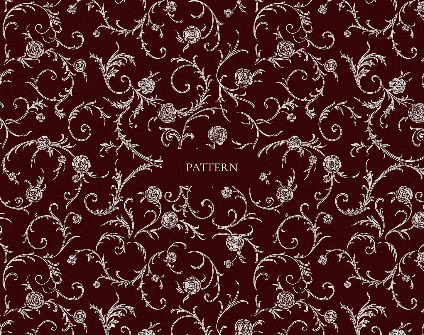 Repeating seamless pattern of scrolling vines, leaves, and roses in ivory line art on burgundy.