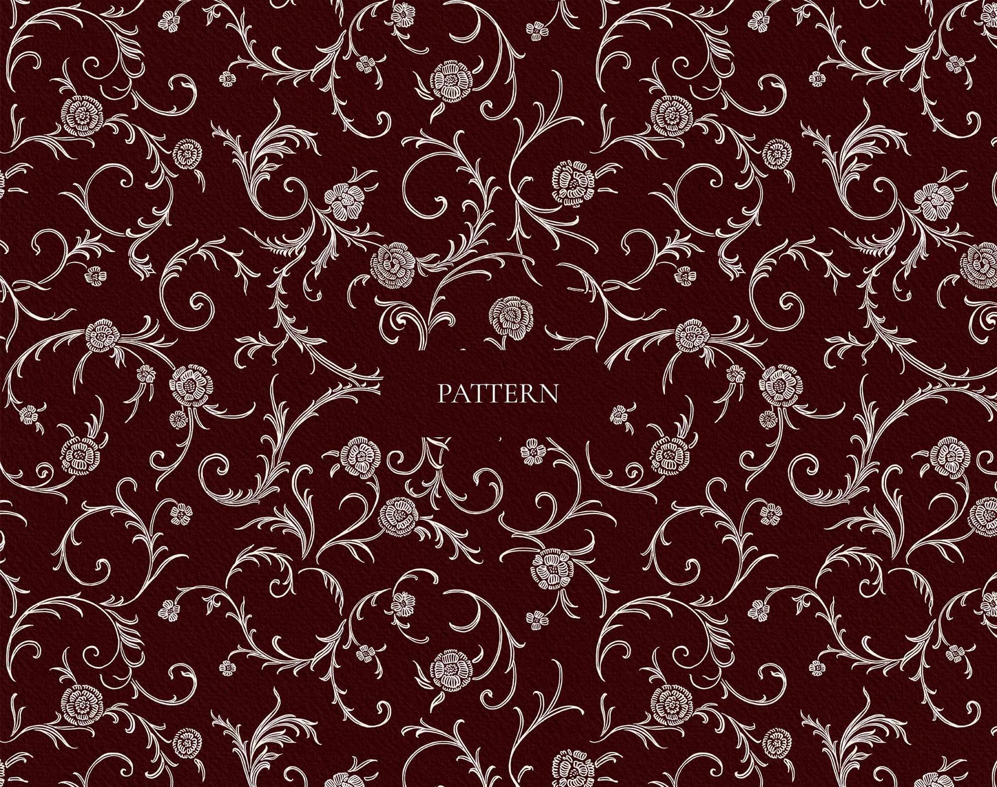 Repeating seamless pattern of scrolling vines, leaves, and roses in ivory line art on burgundy.