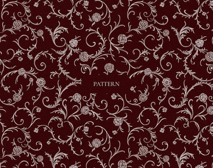 Repeating seamless pattern of scrolling vines, leaves, and roses in ivory line art on burgundy.
