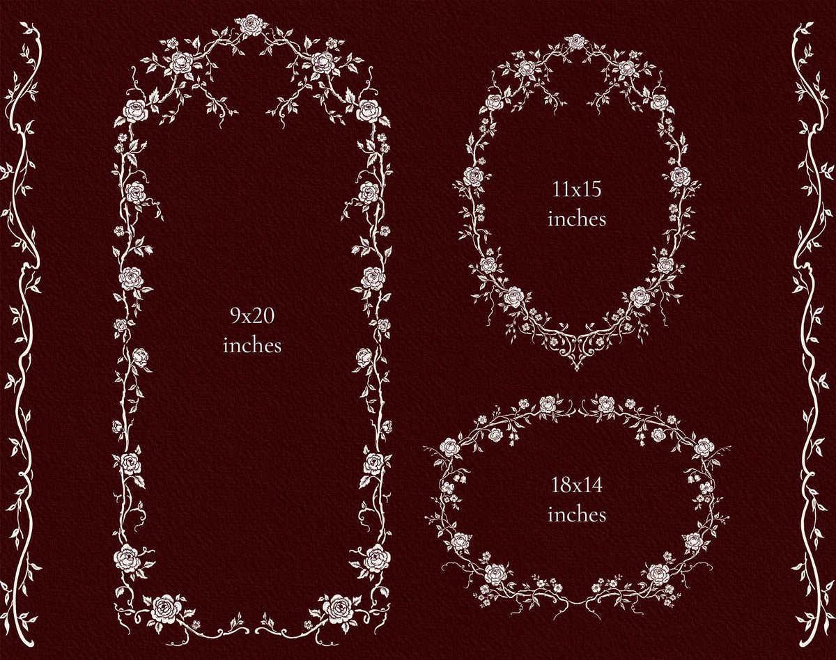Three floral outline frames in tall rectangular, oval, and horizontal oval shapes, with slender vine borders at the sides.