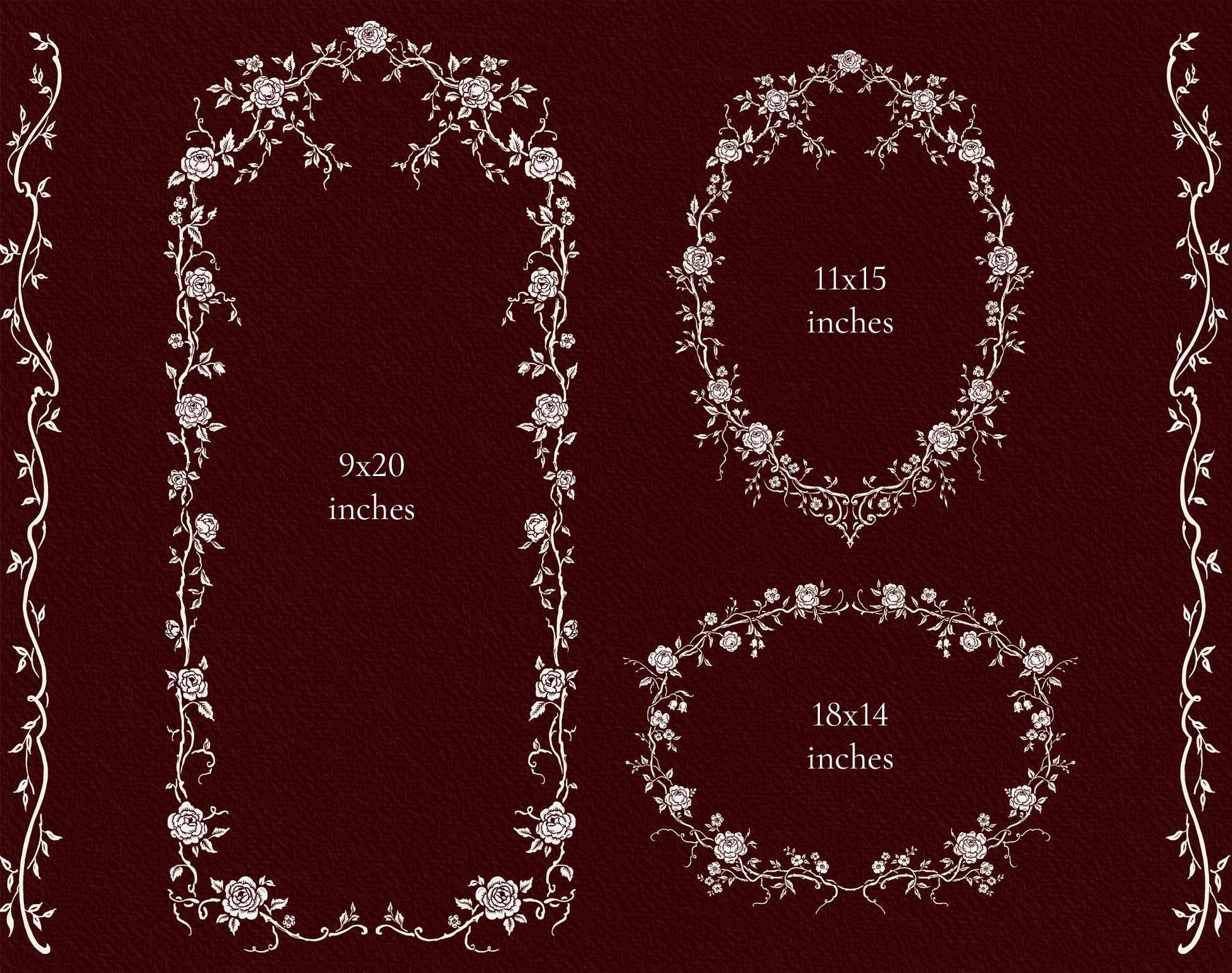 Three floral outline frames in tall rectangular, oval, and horizontal oval shapes, with slender vine borders at the sides.