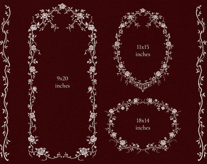 Three floral outline frames in tall rectangular, oval, and horizontal oval shapes, with slender vine borders at the sides.